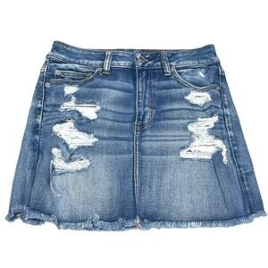 American Eagle Hi Rise Mini Jean Skirt Blue Medium Wash Distressed Denim Size 4